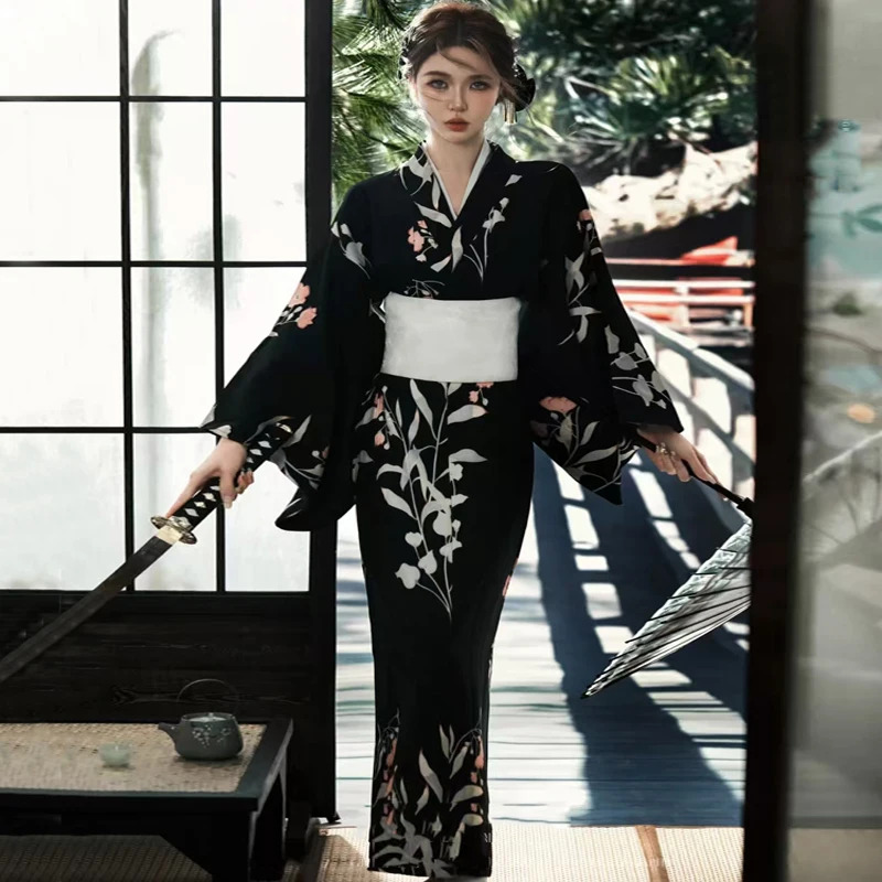 Asian Cosplay Anime - Preto japonês quimono gótico asiático roupas