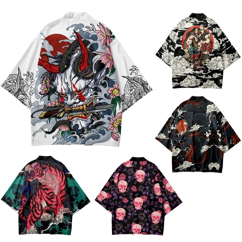 Asian Cosplay Anime - Verão demônio tigre impressão cardigan masculino