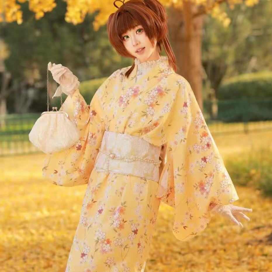 Asian Cosplay Anime - Quimono Amarelo Fofo para Meninas, Estilo