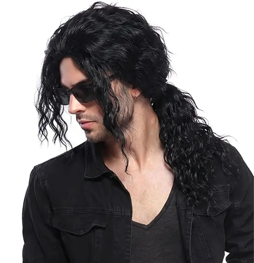 Anime Cosplay Long Black Hair - Peruca Preta Cacheada Média Longa para