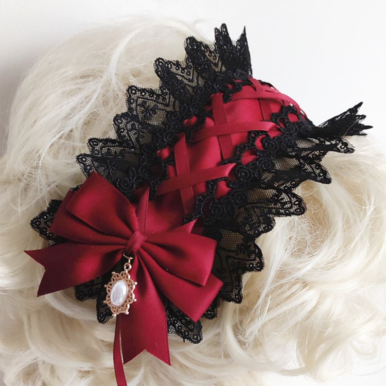 Anime Cosplay Girl With Black Hair - Vermelho escuro gótico lolita laço hairband